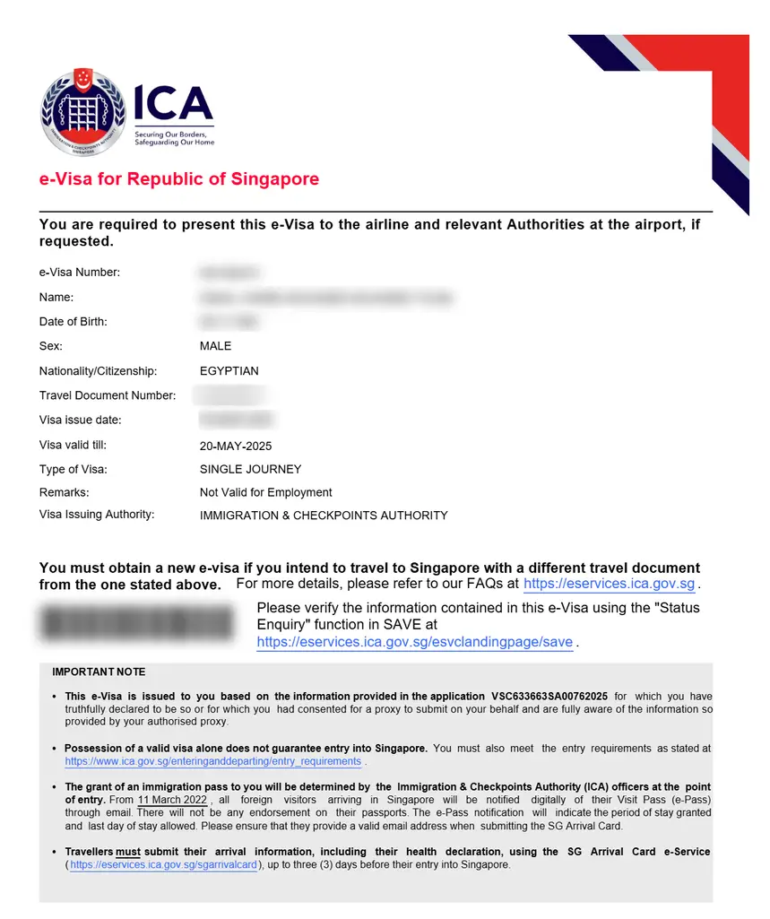 Sample Singapore e-Visa issued by ICA, a&nbsp;different document from the SG Arrival Card